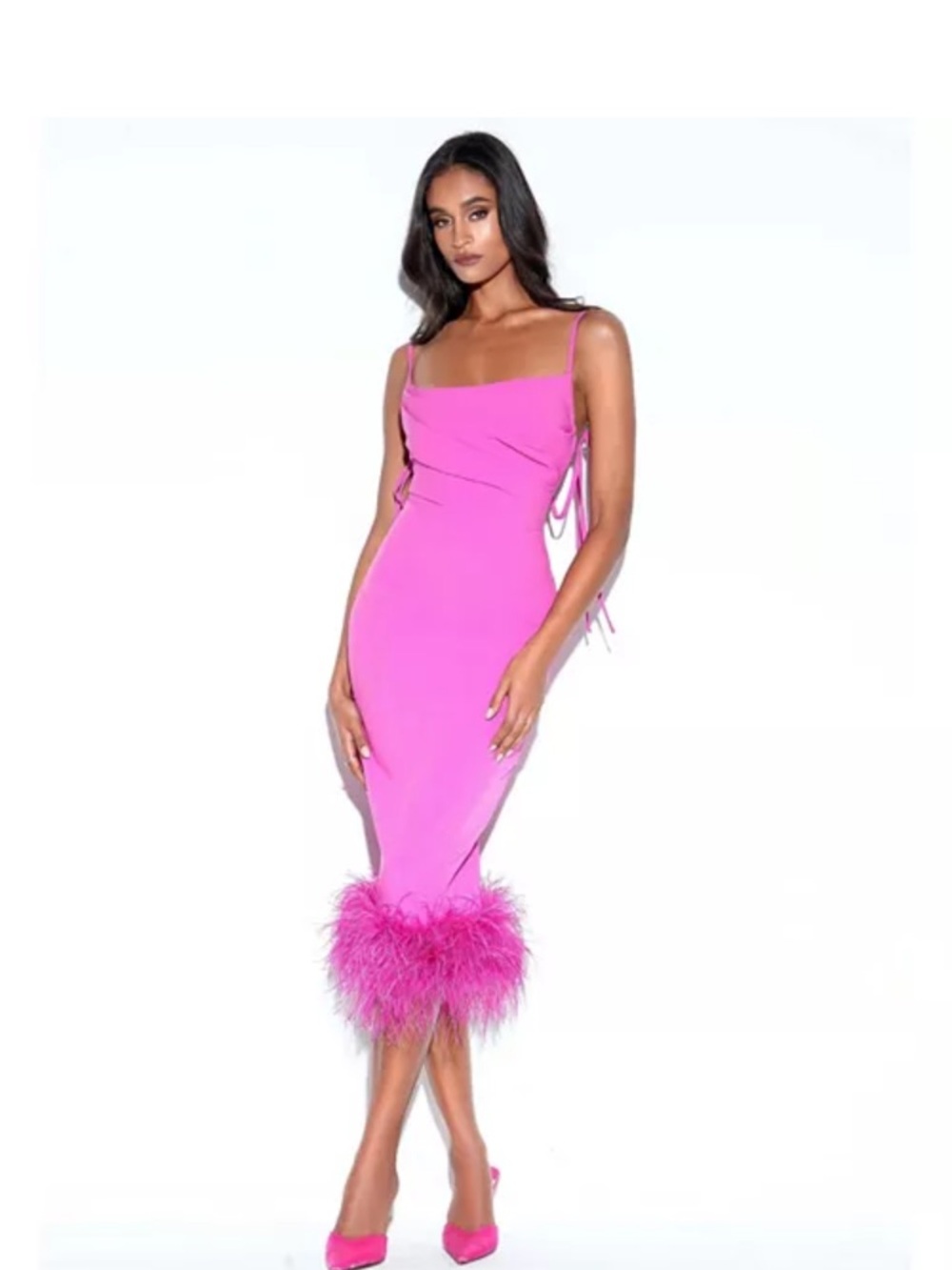 Fuchsia Feather-Trim Midi Dress - Women